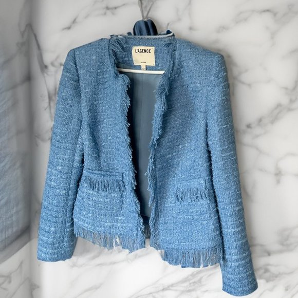 L'Agence Angelina Tweed Fringe Blazer in Riviera Blue in Size 8 Strong Shoulders - Picture 6 of 13